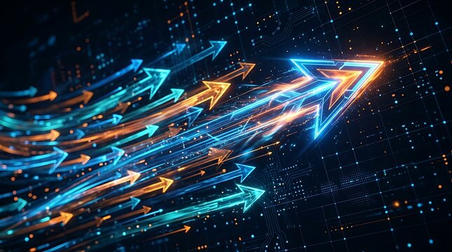 Abstract digital background, with glowing blue, and orange arrows, moving forward representing, speed and progress