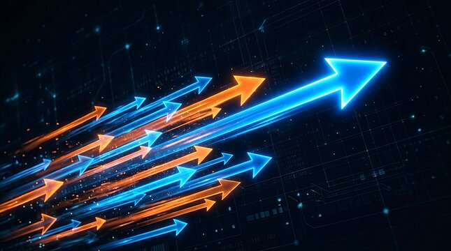 Abstract digital background, with glowing blue, and orange arrows, pointing upwards representing, success and