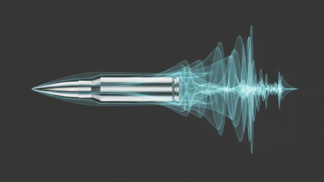 Abstract 3D metal bullet with sound wave and energy shockwave effect
