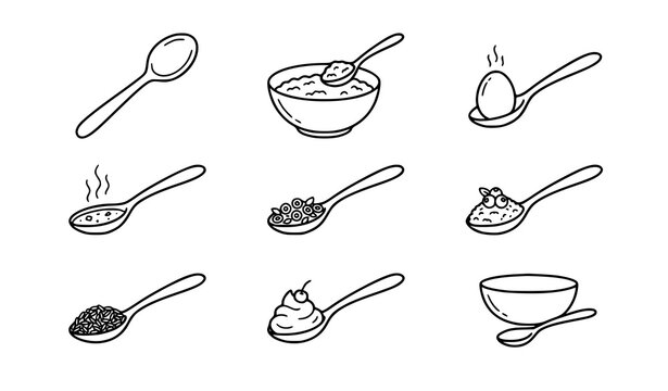 Spoon Food Bowl and Boiled Egg Linear Outline Icons Editable Vector Set