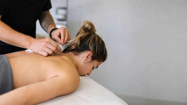 Dry needling therapy on athlete upper back in physio clinic