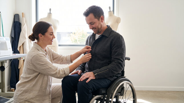 A designer fitting an original adaptive jacket on a seated client