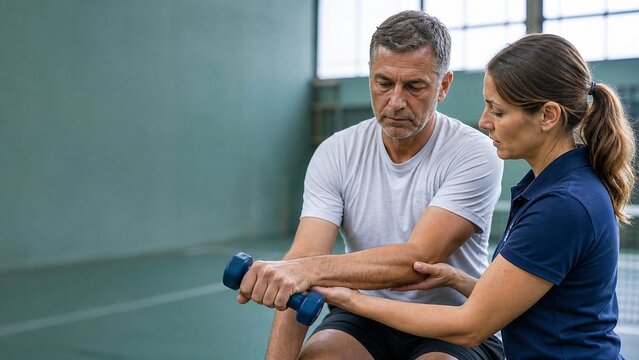 Tennis player doing eccentric wrist exercise for tennis elbow