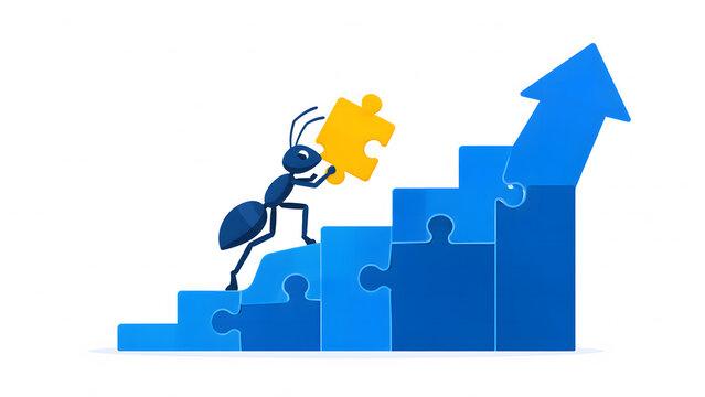 Vector illustration of a blue ant carrying a yellow puzzle piece climbing a staircase made of blue puzzle pieces with a rising arrow