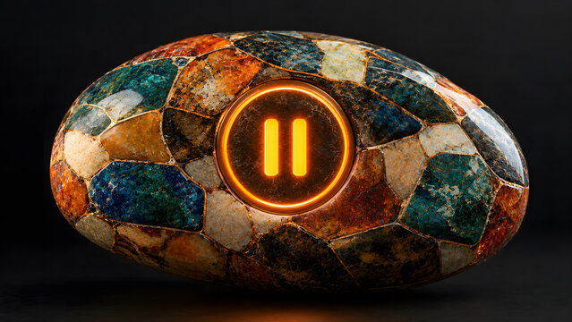 Polished mosaic stone pebble with a glowing yellow neon pause symbol embedded in the center