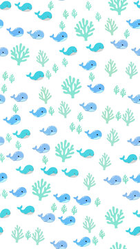 Cartoon whale and coral seamless pattern