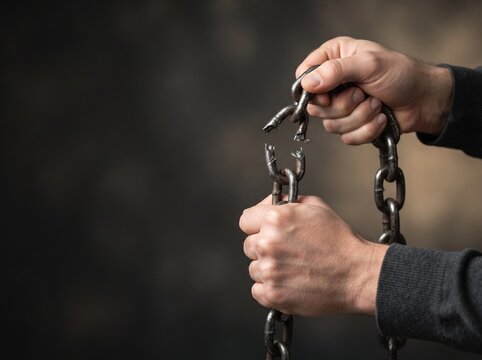Strong Hands Breaking a Metal Chain Symbolizing Freedom Liberation and Breaking Free