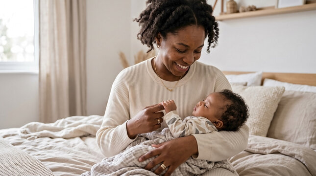 Black mother tenderly bonding with her newborn baby gripping her finger, in a cozy home setting for family blogs, parenting websites, maternity resources, and baby care content.