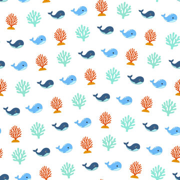 Cute cartoon whales and coral seamless pattern