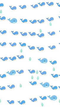 Seamless pattern of cartoon blue whales and aquatic plants