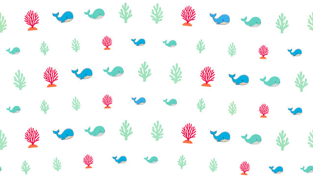 Seamless pattern of cartoon whales and coral