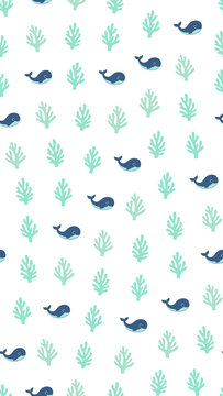 Seamless pattern of cartoon whales and sea plants