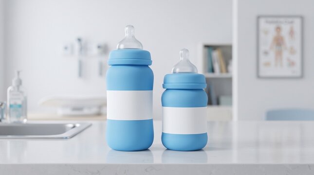 Two blue and white baby bottles with teats on a modern kitchen countertop