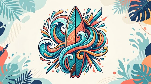 A vibrant tropical surf design features a colorful board surrounded by flowing ocean waves and lush palm fronds, capturing the essence of sunny coastal adventures and relaxed vacation vibes