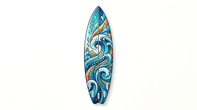 A vibrant surfboard featuring a dynamic ocean wave pattern ready for catching massive swells during tropical summer surfing adventures across the sunlit coastal waters of the pacific ocean