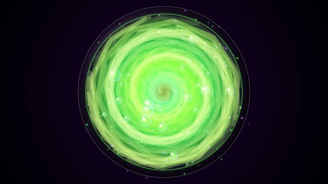 Dark fantasy 4K motion background featuring a hypnotic top down vortex of glowing toxic neon green potion with swirling ripples and popping bubbles in velvet violet darkness.