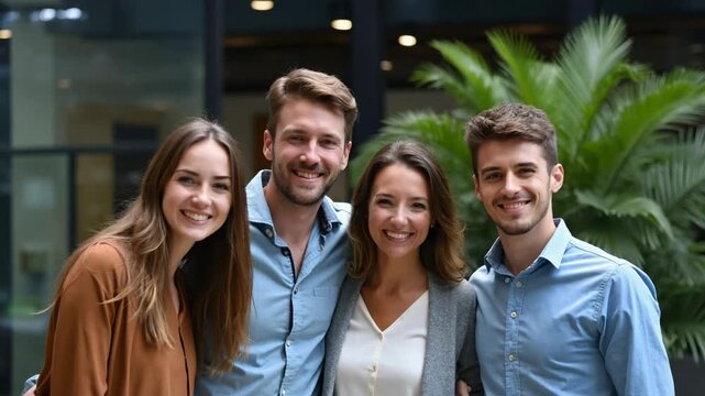 A group of four young adults, two men and two women, standing close together with arms around each other, smiling and posing for a photo outside a modern building with greenery.