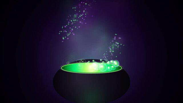 Dark fantasy 4K motion background featuring a boiling cast iron cauldron with glowing toxic neon green potion bubbles and velvet violet mystical aura.