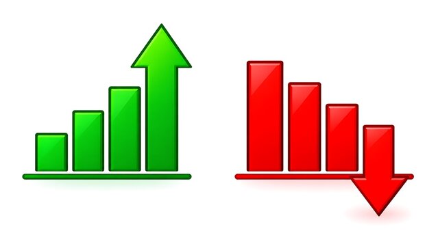  A rising green bar chart ending in an upward arrow with a declining red chart dropping downward.
