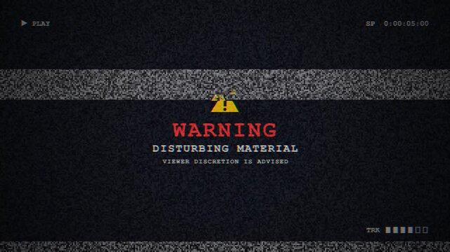 VHS warning screen with disturbing material message, analog glitch, RGB distortion, tracking noise, scanlines and flickering playback effects for horror video content.