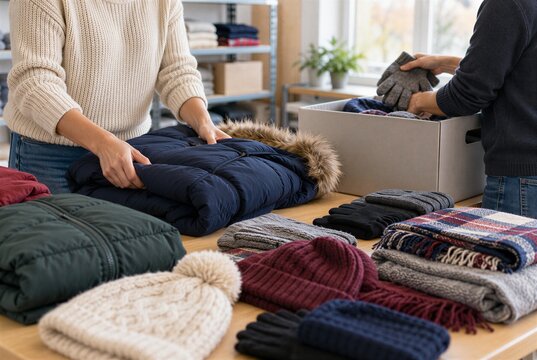 Volunteers sorting donated winter coats, hats, gloves and scarves at a community clothing drive for cold weather relief.