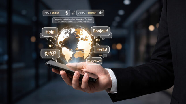 Multilingual voice translation app on smartphone with globe for global language interpreter communication.