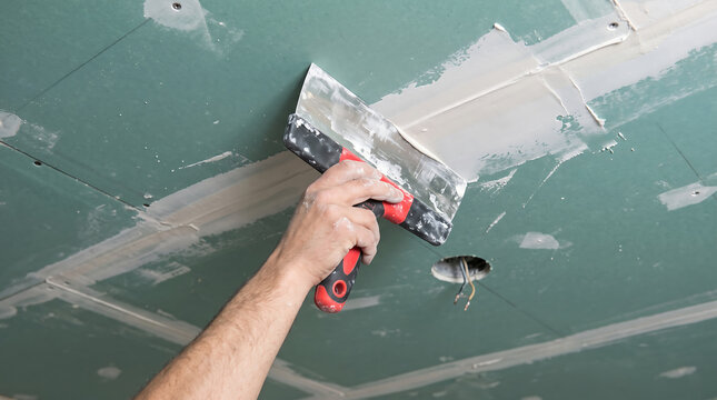 Worker applying joint compound to a ceiling drywall with a trowel.