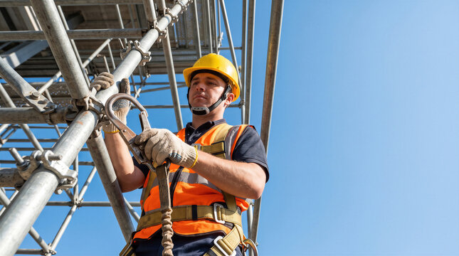 Construction worker and rigger in safety helmet and harness, holding lanyard hook on builder scaffolding.