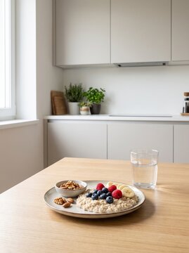 Healthy homemade breakfast with oatmeal, fresh berries, banana, nuts and water on a kitchen table, representing balanced nutrition and a healthy lifestyle.