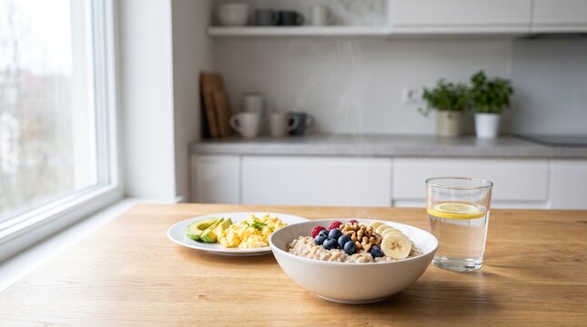 Healthy homemade breakfast with oatmeal, fresh berries, banana, nuts and water on a kitchen table, representing balanced nutrition and a healthy lifestyle.