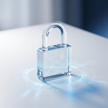 Transparent glass padlock with digital security light effect on white