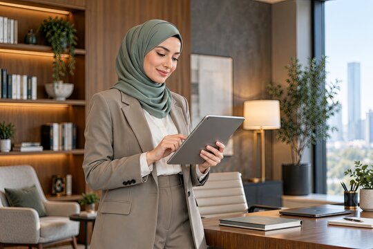 Muslim businesswoman using tablet in elegant executive office
