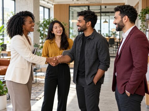 Diverse professionals greeting with handshake in modern workplace