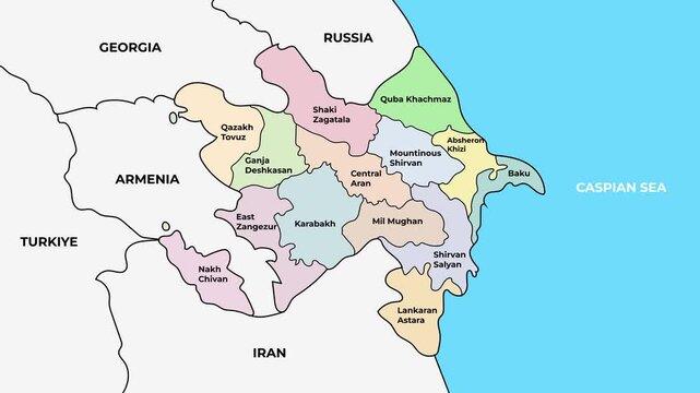 Azerbaijan map with districts and economic regions, Caucasus country boundaries animation on white background