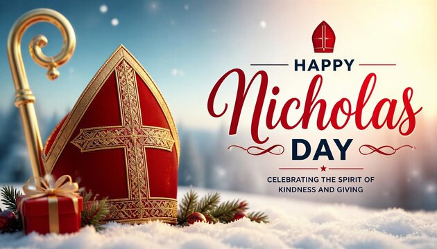 Saint Nicholas Day greeting card with red mitre hat and golden