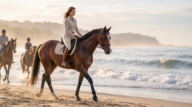 Woman rides a bay horse along a sandy beach with other equestrians following beside gentle ocean waves, in a natural modern setting