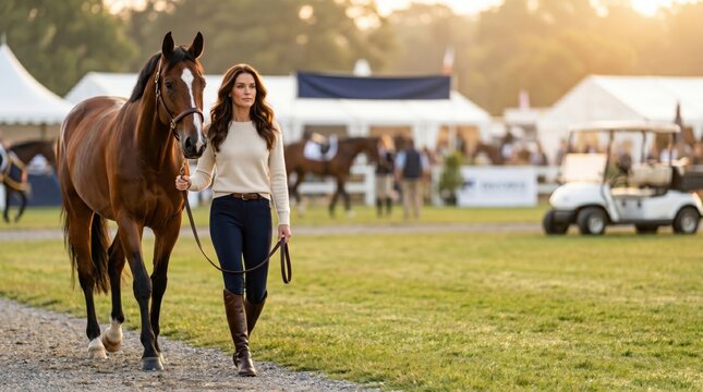 Female handler leads a groomed bay horse through an outdoor showground with tents and spectators behind, in a natural modern setting