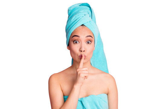 Photo of young attractive girl amazed shocked gesture show silent shh no talk secret rumor sign isolated over pastel color background