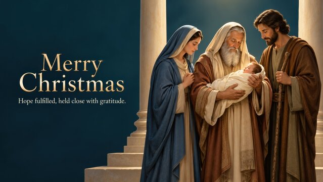 Merry Christmas Nativity Scene with Holy Family and Baby Jesus.