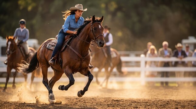 Cowgirl gallops a bay horse through a dusty arena during an energetic western riding performance with spectators, in a realistic scene