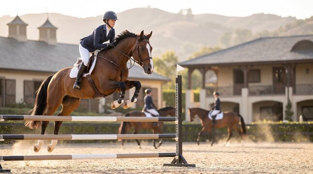 Female equestrian and bay horse clear a show jumping obstacle in a bright arena during focused competitive training, in a realistic scene