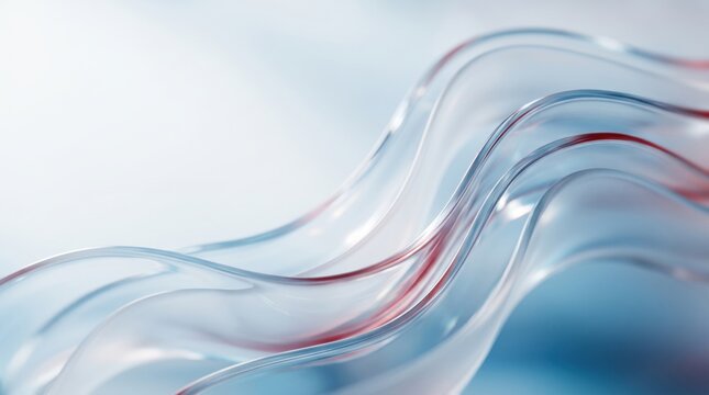 Pale blue glass waves carry a fine red accent through a bright white field with clean minimal spacing, with elegant depth and copy space