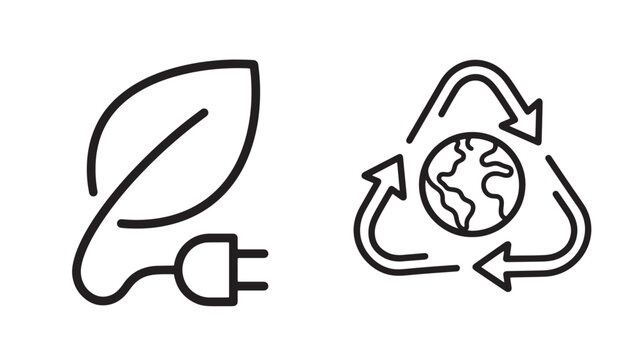 Sustainable green energy icons, recycling symbol with globe and leaf power plug, eco-friendly environment line art for renewable technology isolated on White Background