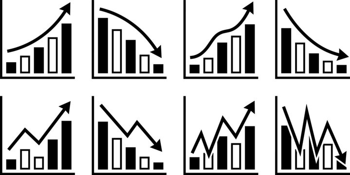 Financial Growth and Decline Bar Chart Icon Set with Upward and Downward Trend Arrows for Business Analytics and Market Presentations