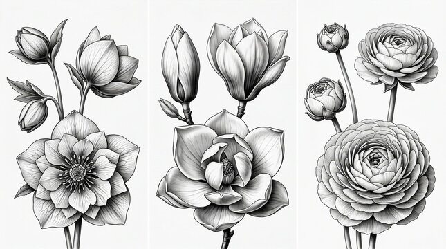 Three botanical of flowers in black ink white