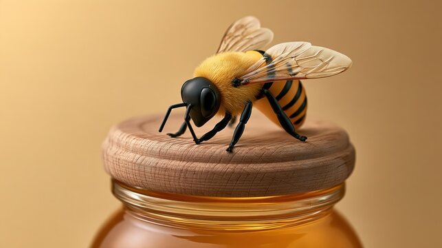 Jar of organic raw honey with tiny perfectly formed plastic bee figurine stuck comically upside down in lid