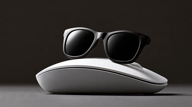 Humorous office gadget showing computer mouse dressed in miniature eyewear on clean surface