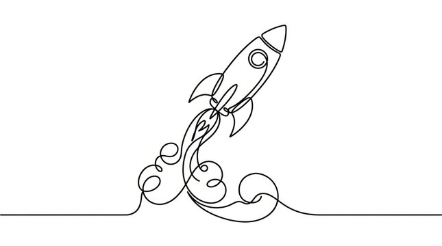 Continuous single line drawing of a rocket launching into space on a white background with swirling smoke trails off swirling