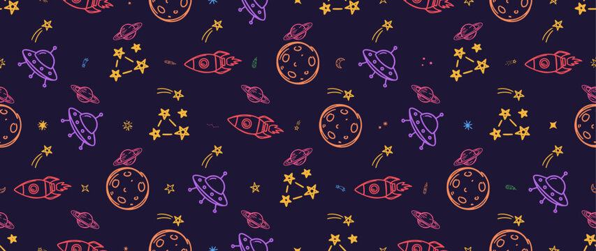 Seamless space pattern featuring hand drawn rockets, planets, and flying saucers against a dark background