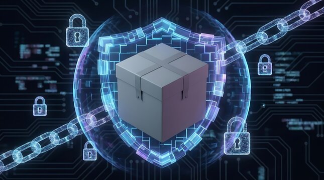 Digital parcel delivery security concept with holographic shield and glowing chains